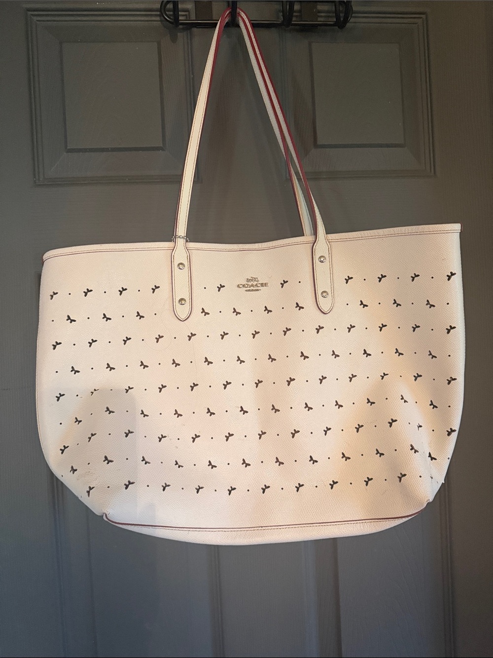 Coach Light Pink Leather Tote with Butterfly Perforation and Red-Trim Handles